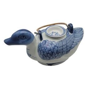 Vintage Blue & White Duck Teapot Hand Painted Wrapped in Wood Metal Handle